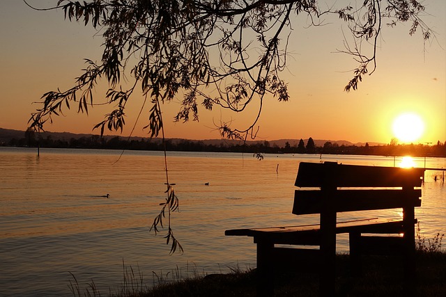 Sunset over water empty bench